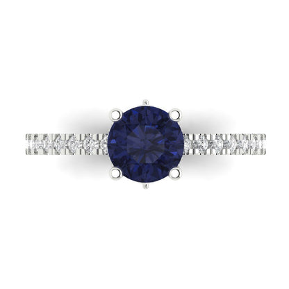 1.465 cttw Simulated Blue Sapphire Solitaire with Zirconia Simulated Diamond Accents Engagement Ring - Solid Gold (Round Cut,6.5mm)