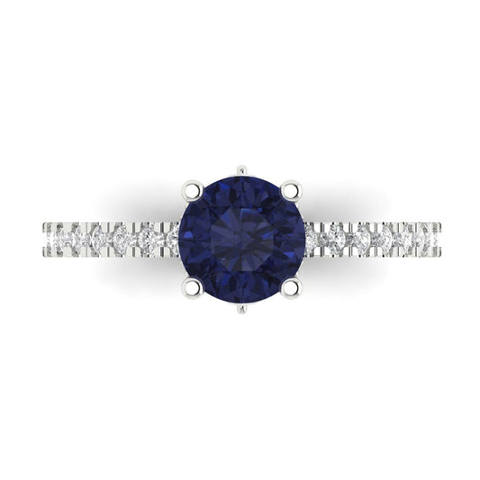 1.465 cttw Simulated Blue Sapphire Solitaire with Zirconia Simulated Diamond Accents Engagement Ring - Solid White Gold (VVS1, Round Cut,6.5mm)