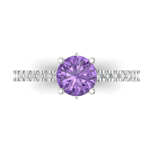 1.465 cttw Simulated Alexandrite Solitaire with Zirconia Simulated Diamond Accents Engagement Ring - Solid White Gold (VVS1, Round Cut,6.5mm)