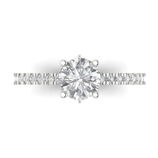 1.465 cttw Moissanite Solitaire with Zirconia Simulated Diamond Accents Engagement Ring - Solid White Gold (VVS1, Round Cut,6.5mm)