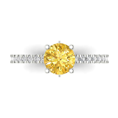 1.465 cttw Zirconia Simulated Yellow Diamond Solitaire with Zirconia Simulated Diamond Accents Engagement Ring - Solid Gold (VVS1, Round Cut,6.5mm)