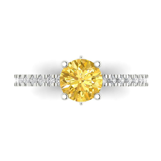 1.465 cttw Zirconia Simulated Yellow Diamond Solitaire with Zirconia Simulated Diamond Accents Engagement Ring - Solid White Gold (VVS1, Round Cut,6.5mm)