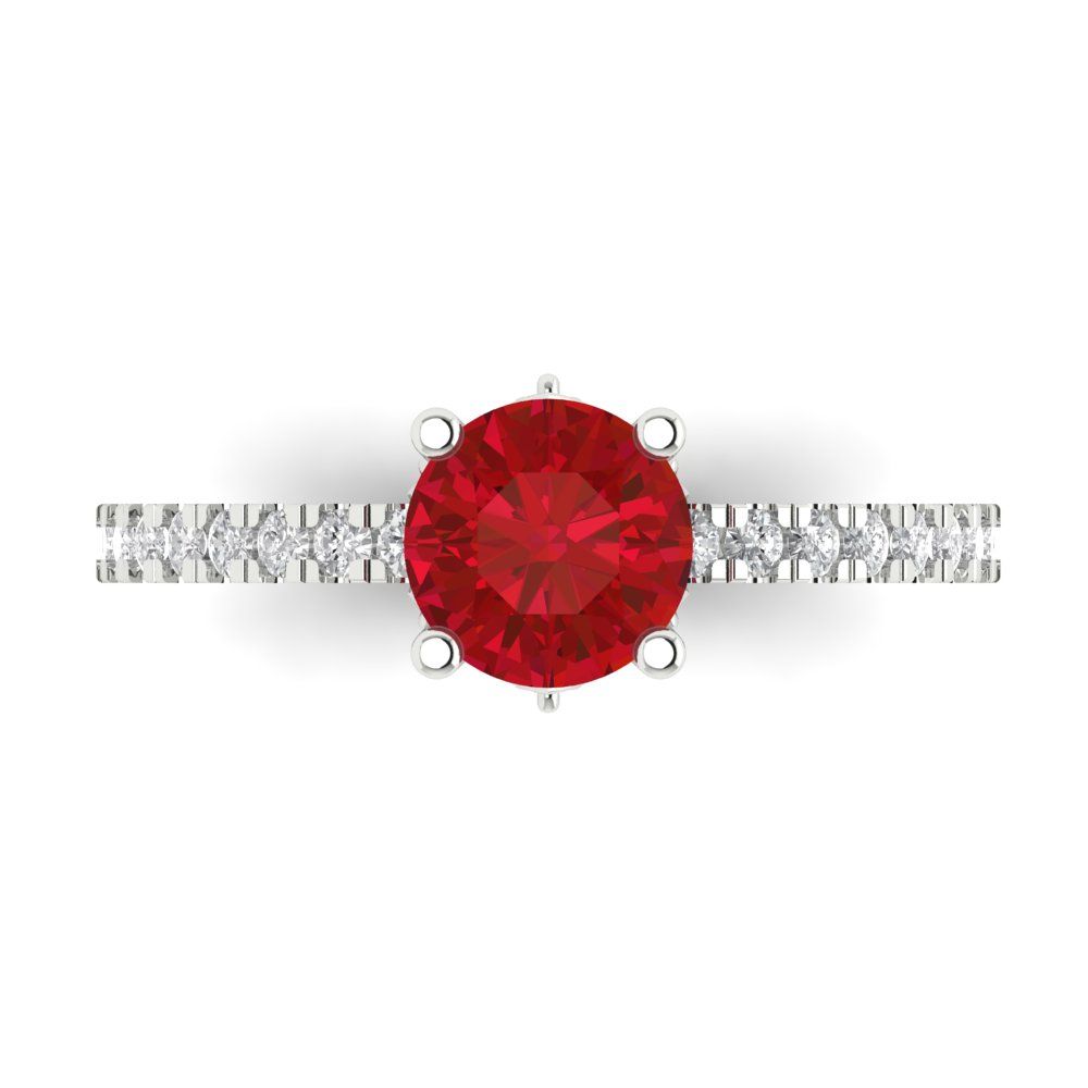 1.465 cttw Simulated Ruby Solitaire with Zirconia Simulated Diamond Accents Engagement Ring - Solid White Gold (VVS1, Round Cut,6.5mm)