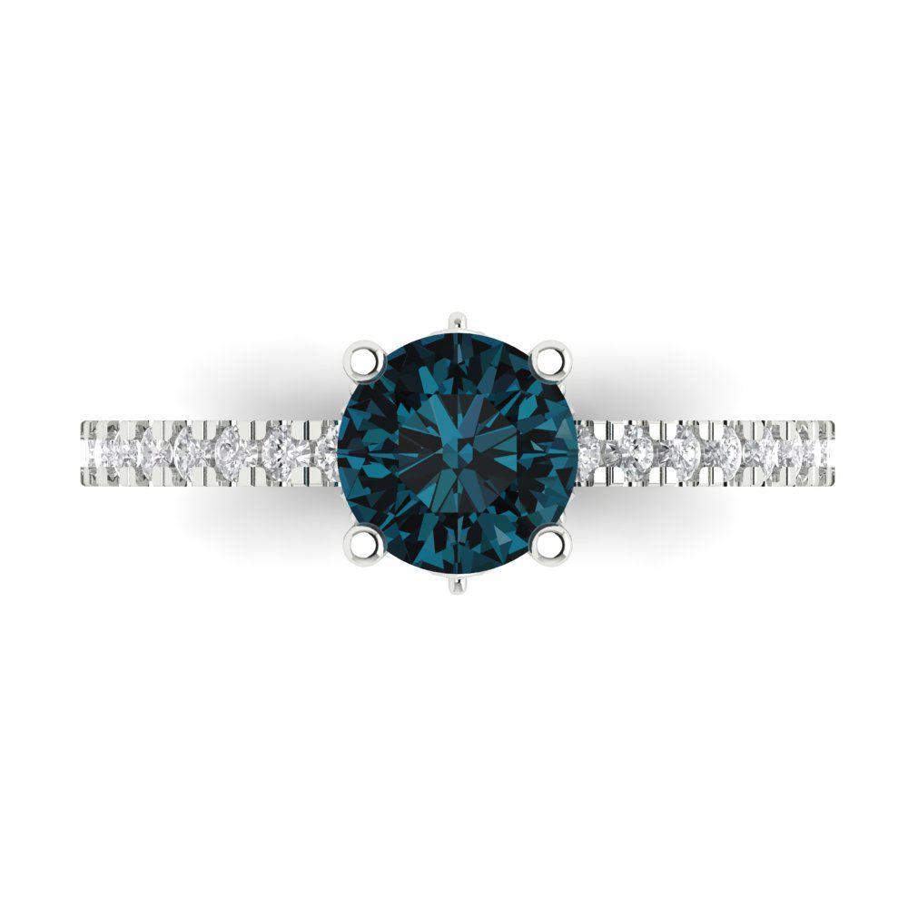 1.465 cttw Natural London Blue Topaz Solitaire with Zirconia Simulated Diamond Accents Engagement Ring - Solid Gold (Round Cut,6.5mm)
