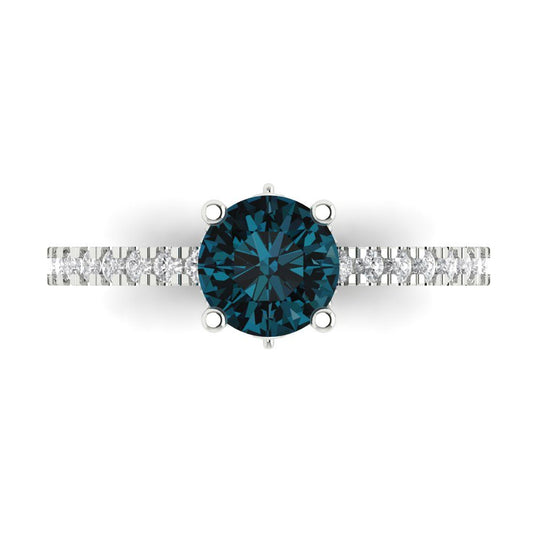 1.465 cttw Natural London Blue Topaz Solitaire with Zirconia Simulated Diamond Accents Engagement Ring - Solid White Gold (VVS1, Round Cut,6.5mm)