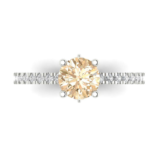 1.465 cttw Natural Morganite Solitaire with Zirconia Simulated Diamond Accents Engagement Ring - Solid White Gold (VVS1, Round Cut,6.5mm)