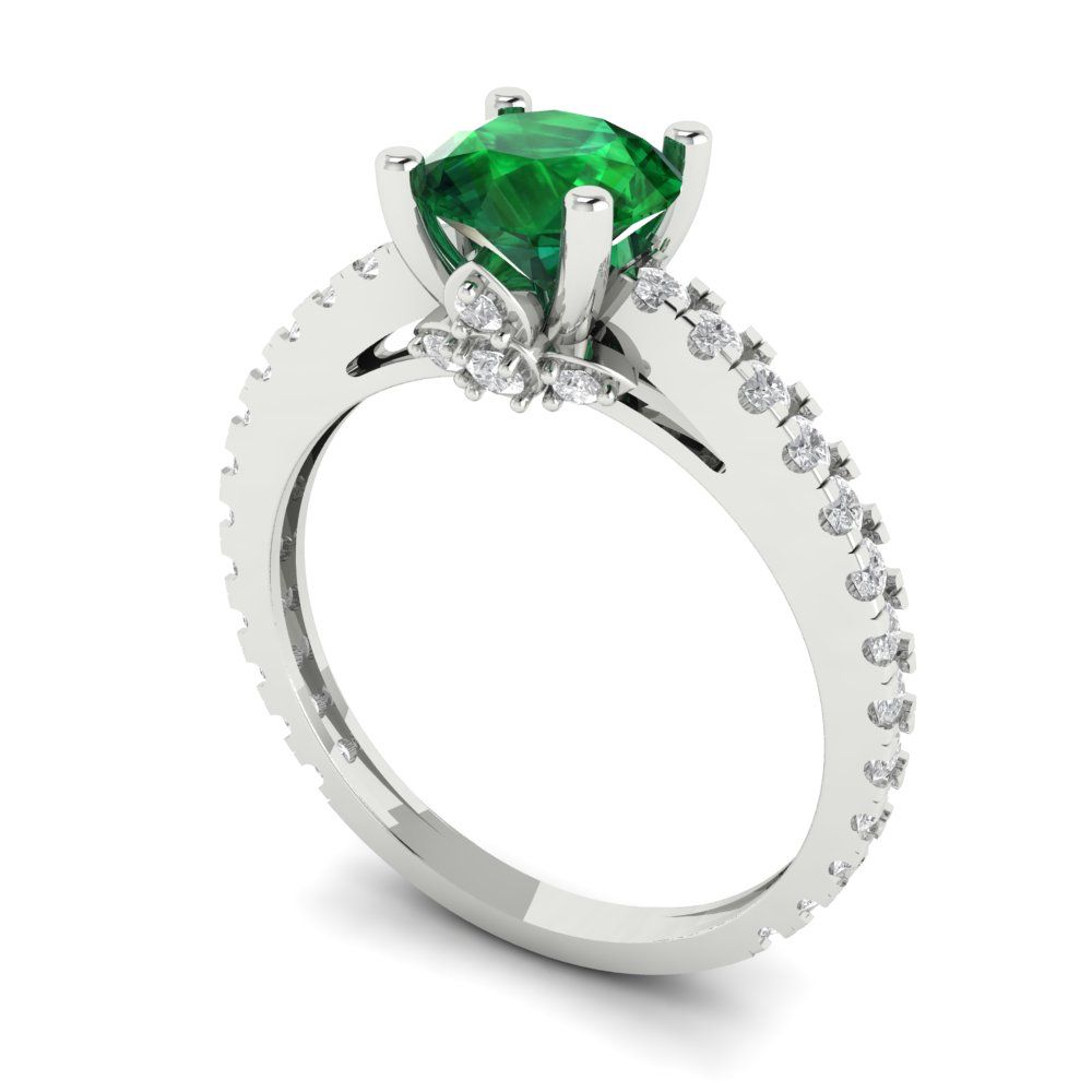 1.465 cttw Simulated Emerald Solitaire with Zirconia Simulated Diamond Accents Engagement Ring - Solid Gold (Round Cut,6.5mm)