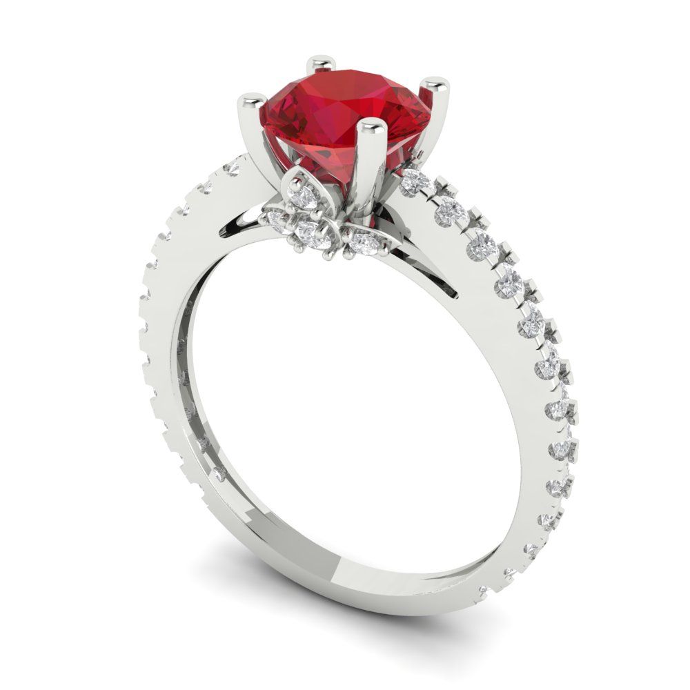 1.465 cttw Simulated Ruby Solitaire with Zirconia Simulated Diamond Accents Engagement Ring - Solid White Gold (VVS1, Round Cut,6.5mm)