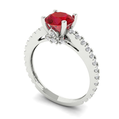 1.465 cttw Simulated Ruby Solitaire with Zirconia Simulated Diamond Accents Engagement Ring - Solid White Gold (VVS1, Round Cut,6.5mm)