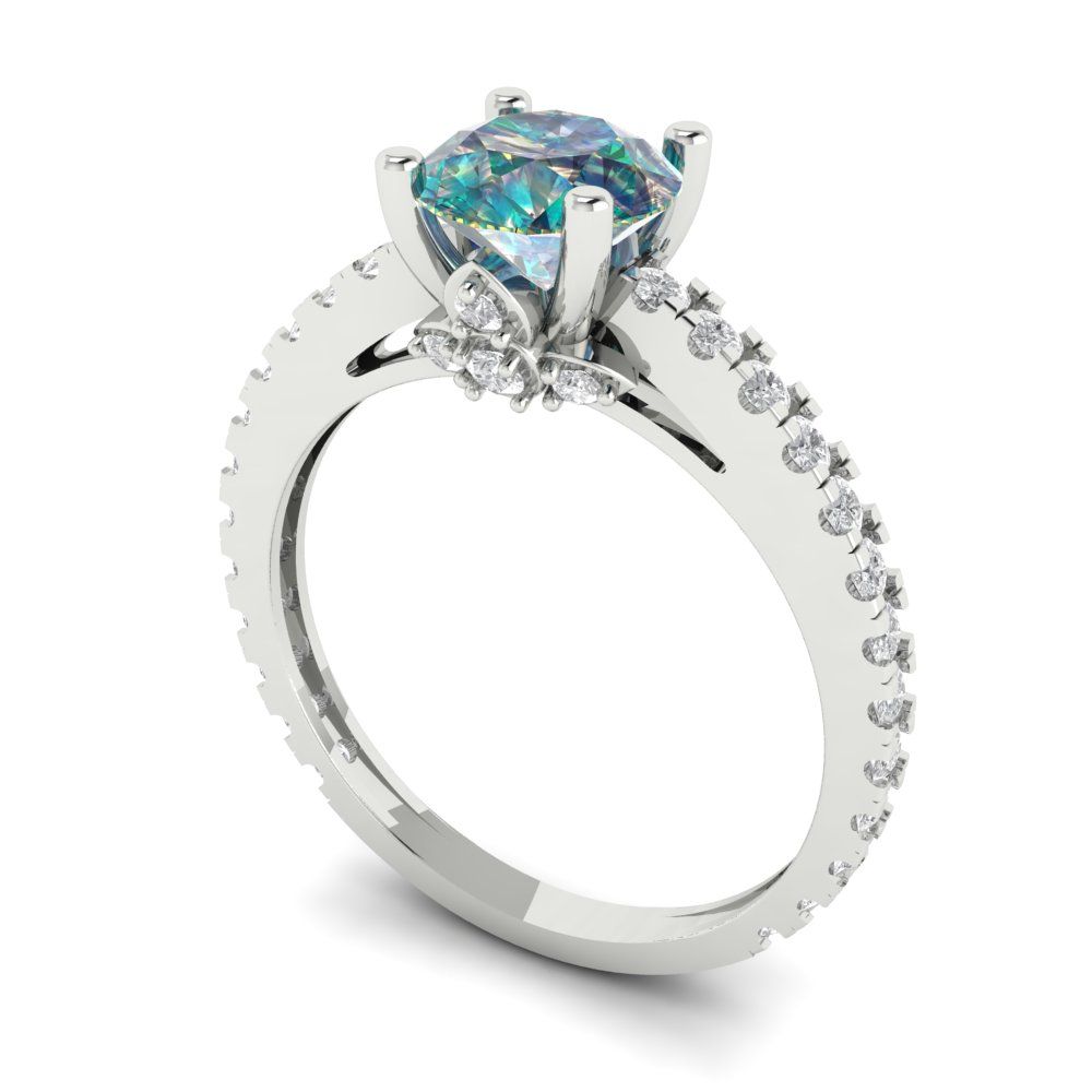 1.465 cttw Blue Moissanite Solitaire with Zirconia Simulated Diamond Accents Engagement Ring - Solid Gold (Round Cut,6.5mm)