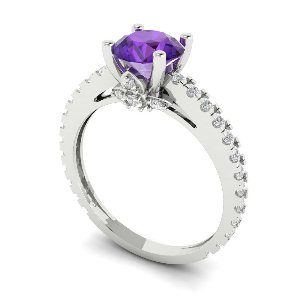 1.465 cttw Natural Amethyst Solitaire with Zirconia Simulated Diamond Accents Engagement Ring - Solid Gold (Round Cut,6.5mm)