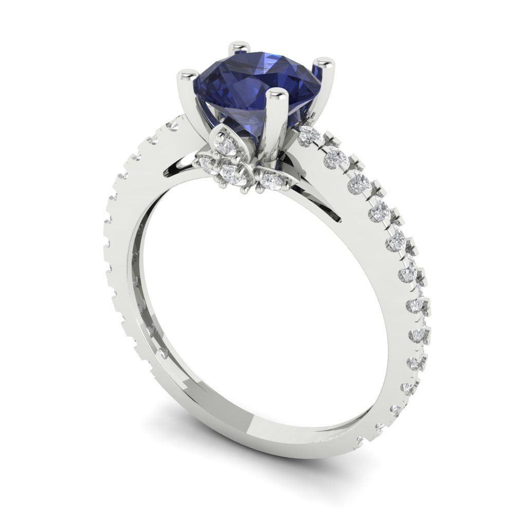 1.465 cttw Simulated Blue Sapphire Solitaire with Zirconia Simulated Diamond Accents Engagement Ring - Solid Gold (Round Cut,6.5mm)