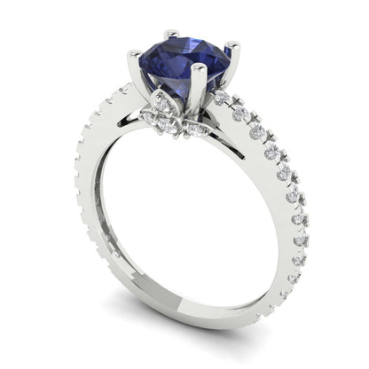 1.465 cttw Simulated Blue Sapphire Solitaire with Zirconia Simulated Diamond Accents Engagement Ring - Solid Gold (Round Cut,6.5mm)