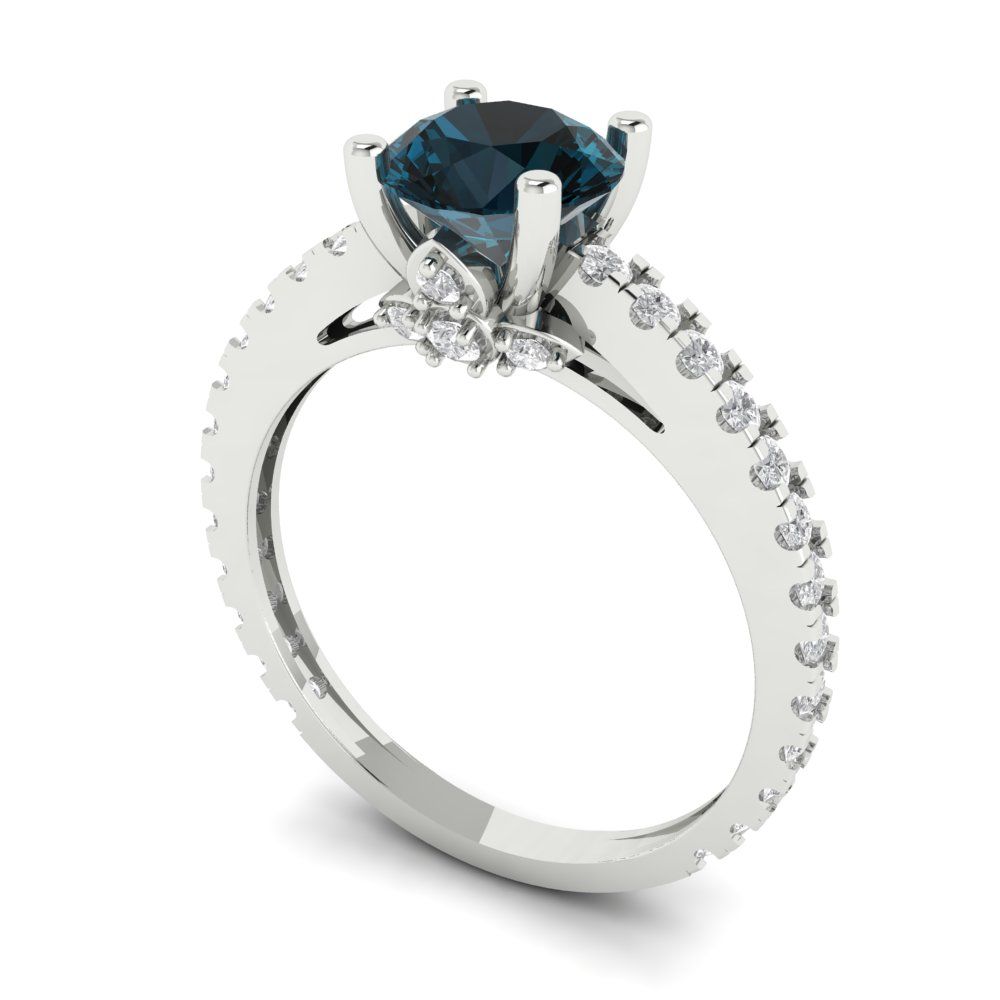 1.465 cttw Natural London Blue Topaz Solitaire with Zirconia Simulated Diamond Accents Engagement Ring - Solid Gold (Round Cut,6.5mm)
