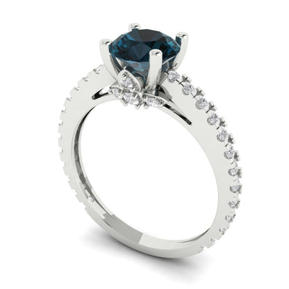 1.465 cttw Natural London Blue Topaz Solitaire with Zirconia Simulated Diamond Accents Engagement Ring - Solid Gold (Round Cut,6.5mm)