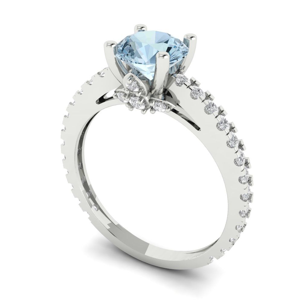 1.465 cttw Natural Swiss Blue Topaz Solitaire with Zirconia Simulated Diamond Accents Engagement Ring - Solid Gold (Round Cut,6.5mm)