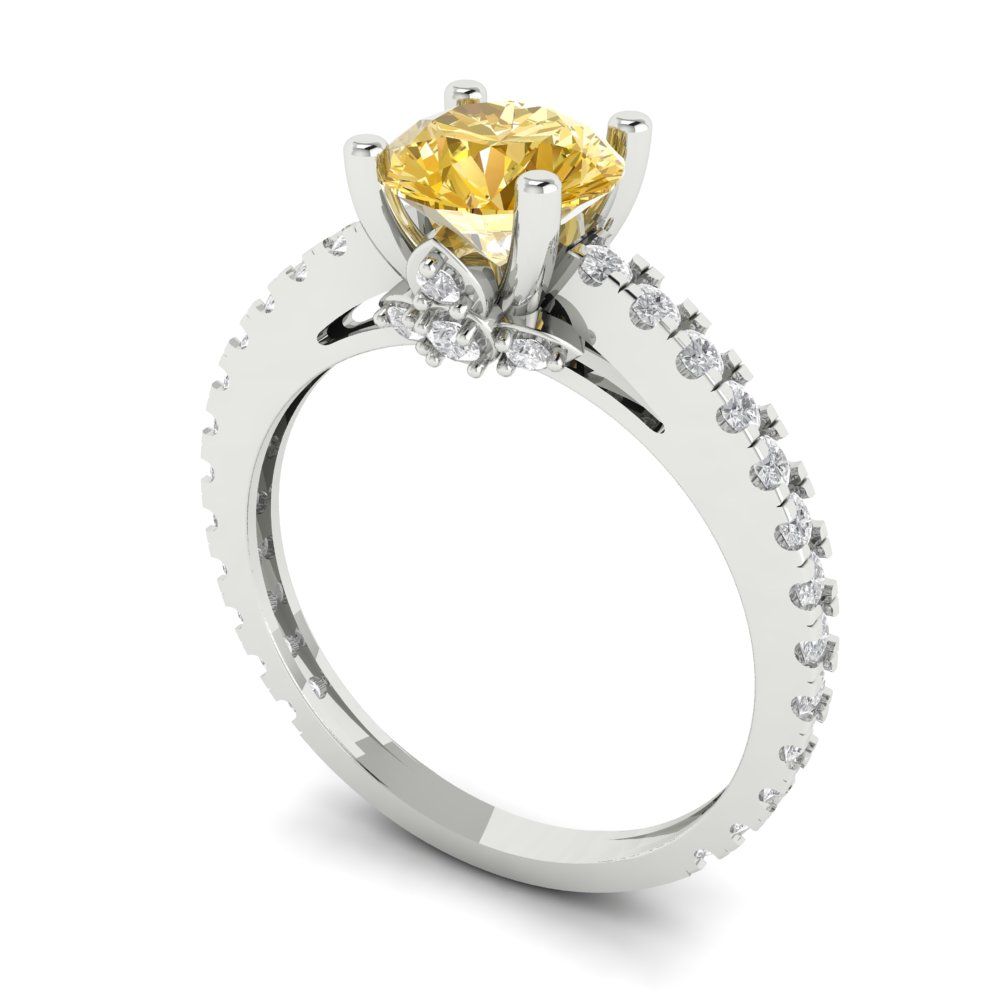 1.465 cttw Yellow Moissanite Solitaire with Zirconia Simulated Diamond Accents Engagement Ring - Solid Gold (Round Cut,6.5mm)
