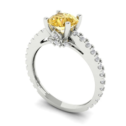 1.465 cttw Yellow Moissanite Solitaire with Zirconia Simulated Diamond Accents Engagement Ring - Solid Gold (Round Cut,6.5mm)