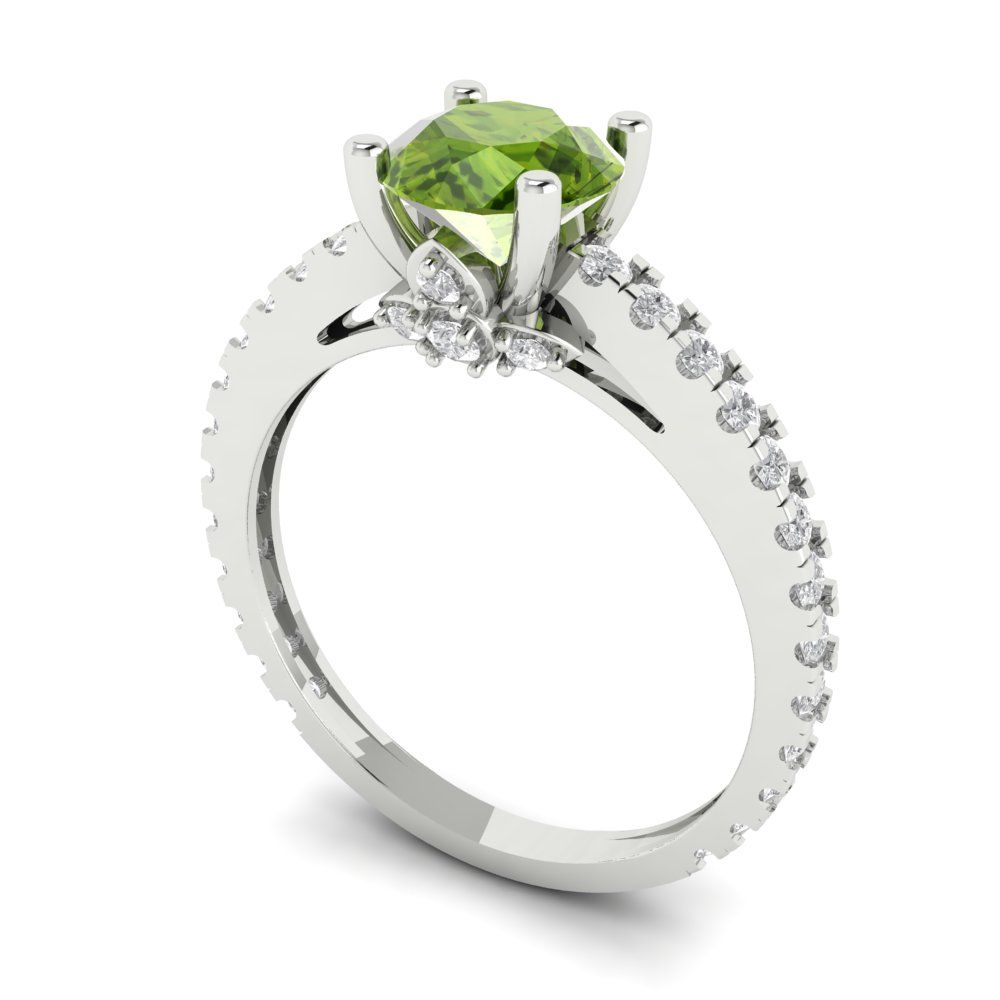 1.465 cttw Natural Peridot Solitaire with Zirconia Simulated Diamond Accents Engagement Ring - Solid Gold (Round Cut,6.5mm)