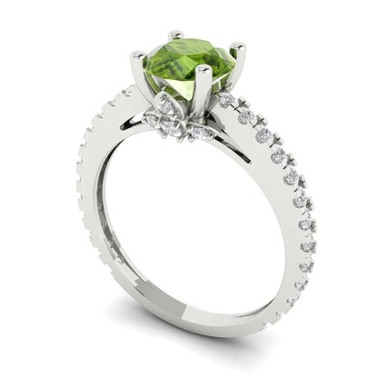 1.465 cttw Natural Peridot Solitaire with Zirconia Simulated Diamond Accents Engagement Ring - Solid Gold (Round Cut,6.5mm)