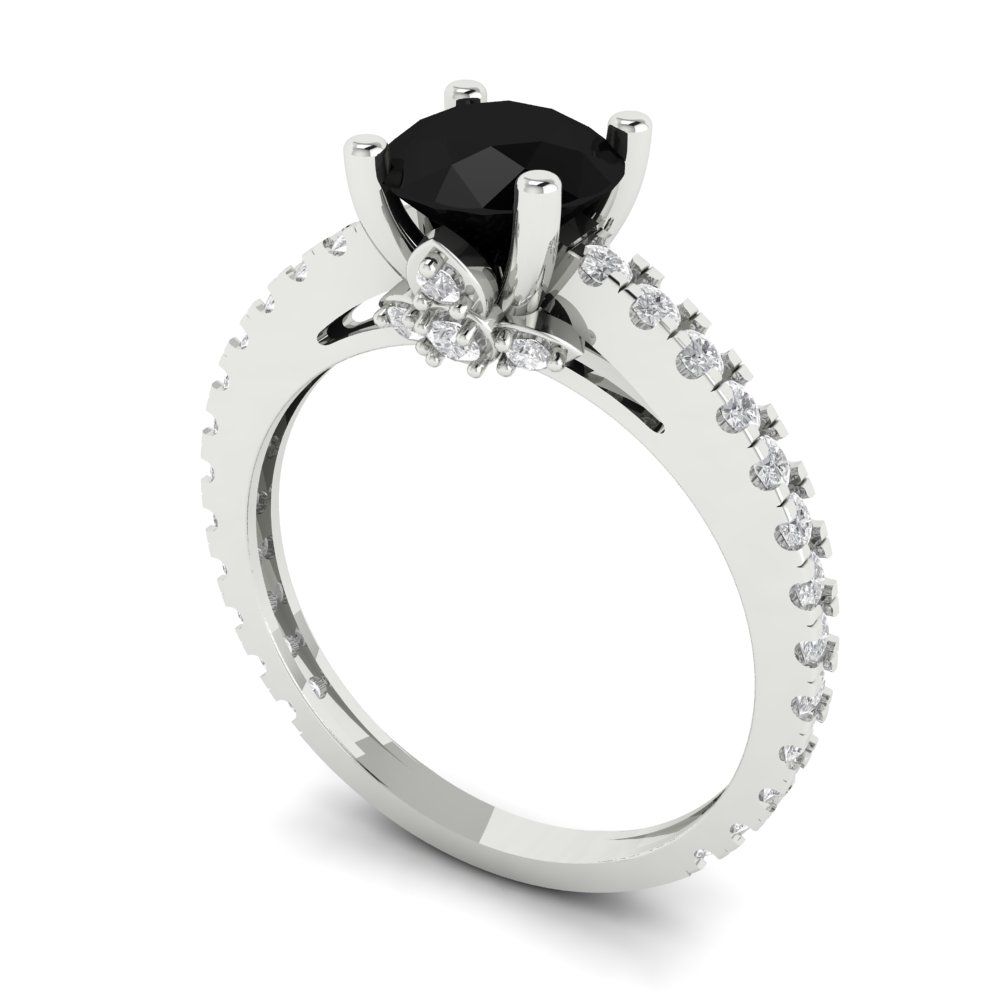1.465 cttw Natural Onyx Solitaire with Zirconia Simulated Diamond Accents Engagement Ring - Solid White Gold (VVS1, Round Cut,6.5mm)