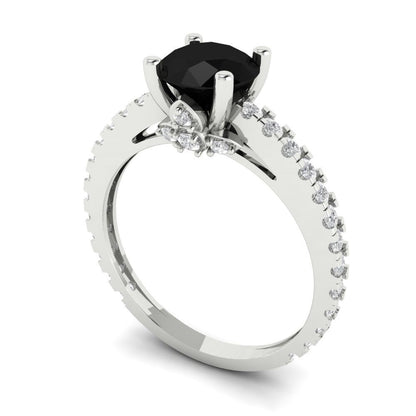 1.465 cttw Natural Onyx Solitaire with Zirconia Simulated Diamond Accents Engagement Ring - Solid White Gold (VVS1, Round Cut,6.5mm)