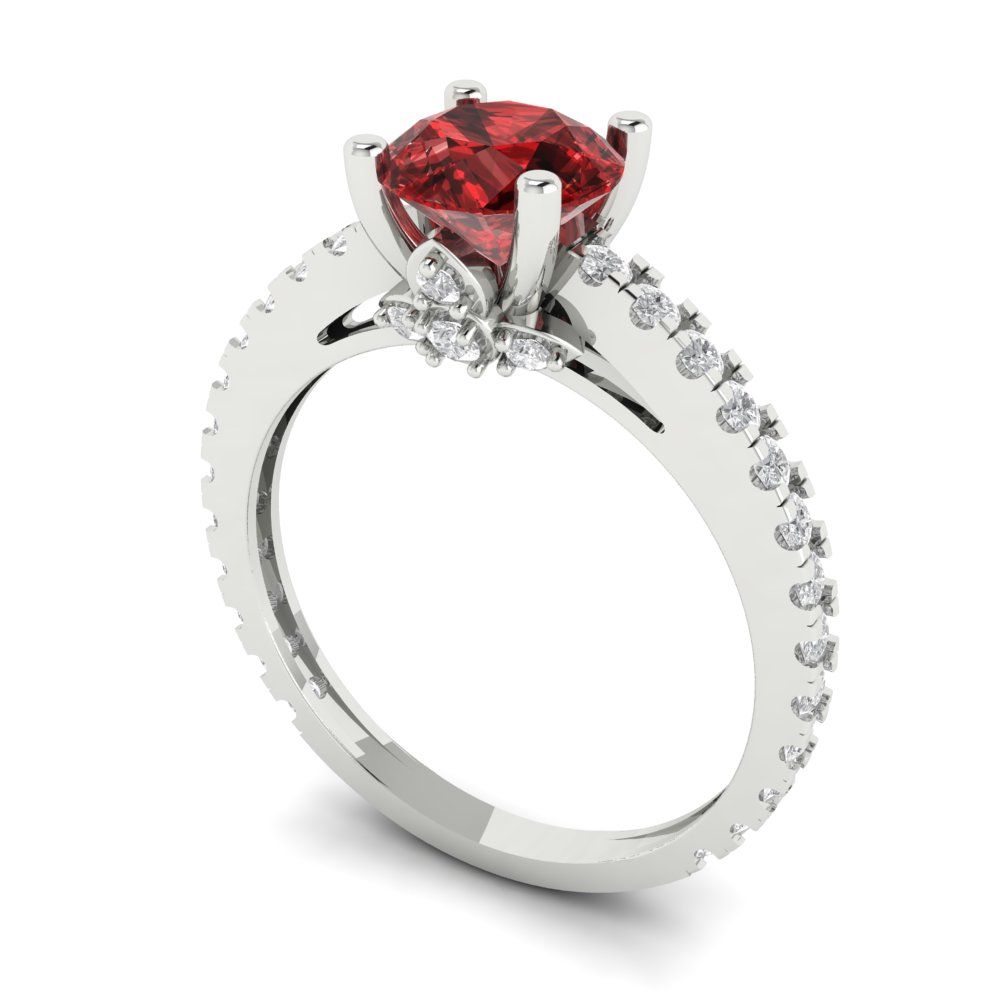 1.465 cttw Natural Garnet Solitaire with Zirconia Simulated Diamond Accents Engagement Ring - Solid Gold (Round Cut,6.5mm)