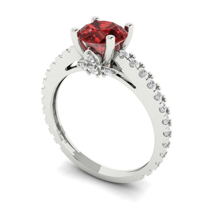 1.465 cttw Natural Garnet Solitaire with Zirconia Simulated Diamond Accents Engagement Ring - Solid Gold (Round Cut,6.5mm)