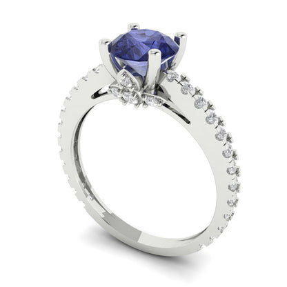 1.465 cttw Simulated Tanzanite Solitaire with Zirconia Simulated Diamond Accents Engagement Ring - Solid Gold (Round Cut,6.5mm)