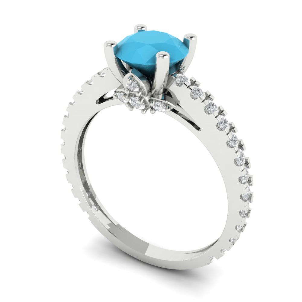 1.465 cttw Simulated Turquoise Solitaire with Zirconia Simulated Diamond Accents Engagement Ring - Solid Gold (Round Cut,6.5mm)