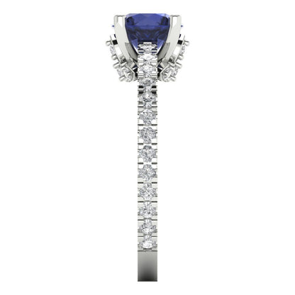 1.465 cttw Simulated Blue Sapphire Solitaire with Zirconia Simulated Diamond Accents Engagement Ring - Solid Gold (Round Cut,6.5mm)