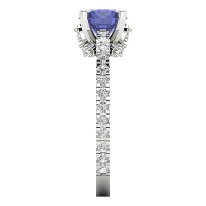 1.465 cttw Simulated Tanzanite Solitaire with Zirconia Simulated Diamond Accents Engagement Ring - Solid Gold (Round Cut,6.5mm)