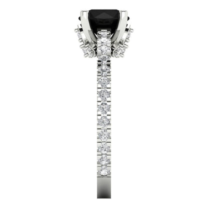1.465 cttw Natural Onyx Solitaire with Zirconia Simulated Diamond Accents Engagement Ring - Solid White Gold (VVS1, Round Cut,6.5mm)