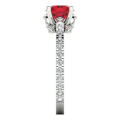 1.465 cttw Simulated Ruby Solitaire with Zirconia Simulated Diamond Accents Engagement Ring - Solid White Gold (VVS1, Round Cut,6.5mm)