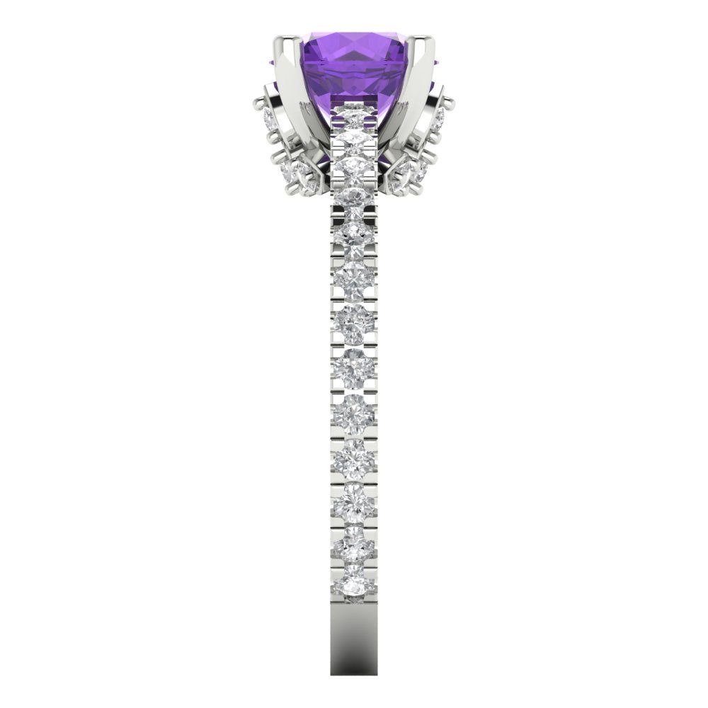 1.465 cttw Natural Amethyst Solitaire with Zirconia Simulated Diamond Accents Engagement Ring - Solid Gold (Round Cut,6.5mm)