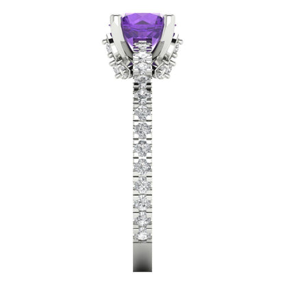 1.465 cttw Natural Amethyst Solitaire with Zirconia Simulated Diamond Accents Engagement Ring - Solid Gold (Round Cut,6.5mm)