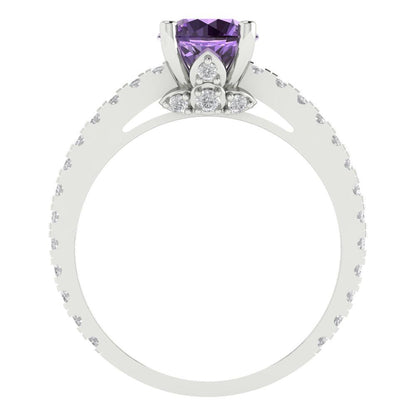 1.465 cttw Simulated Alexandrite Solitaire with Zirconia Simulated Diamond Accents Engagement Ring - Solid Gold (Round Cut,6.5mm)