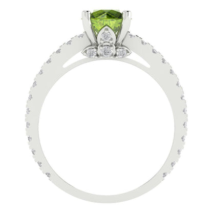 1.465 cttw Natural Peridot Solitaire with Zirconia Simulated Diamond Accents Engagement Ring - Solid Gold (Round Cut,6.5mm)