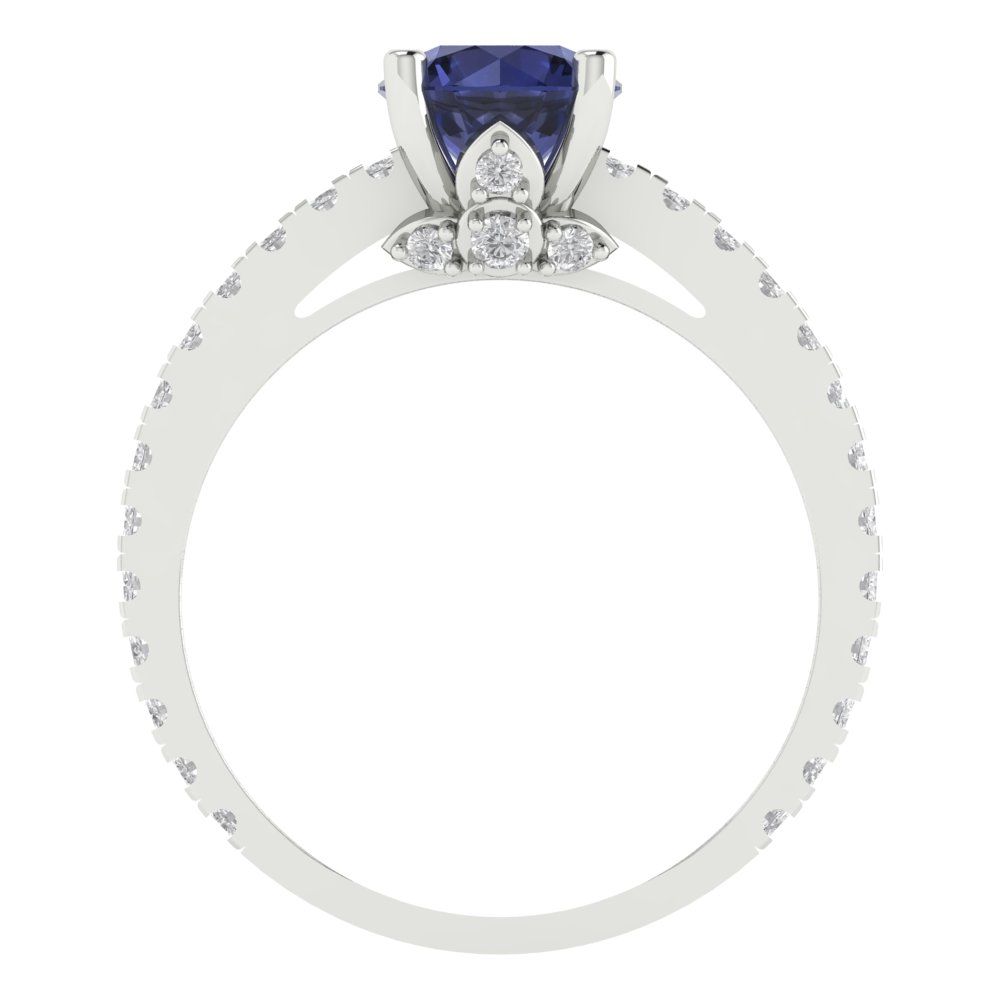 1.465 cttw Simulated Blue Sapphire Solitaire with Zirconia Simulated Diamond Accents Engagement Ring - Solid Gold (Round Cut,6.5mm)