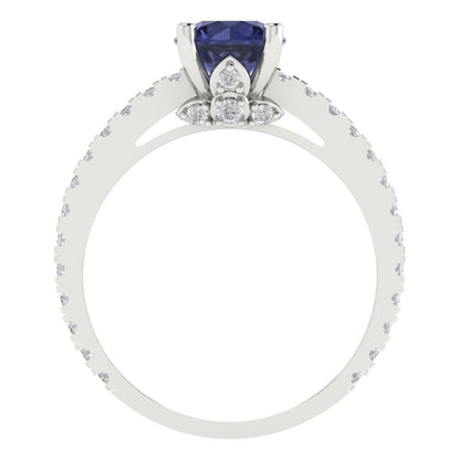 1.465 cttw Simulated Blue Sapphire Solitaire with Zirconia Simulated Diamond Accents Engagement Ring - Solid Gold (Round Cut,6.5mm)