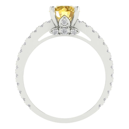 1.465 cttw Zirconia Simulated Yellow Diamond Solitaire with Zirconia Simulated Diamond Accents Engagement Ring - Solid Gold (VVS1, Round Cut,6.5mm)