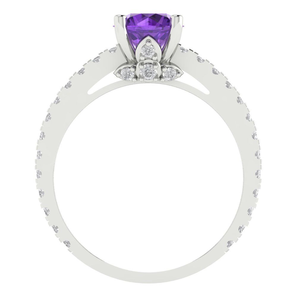 1.465 cttw Natural Amethyst Solitaire with Zirconia Simulated Diamond Accents Engagement Ring - Solid Gold (Round Cut,6.5mm)