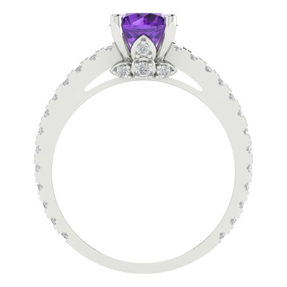 1.465 cttw Natural Amethyst Solitaire with Zirconia Simulated Diamond Accents Engagement Ring - Solid Gold (Round Cut,6.5mm)