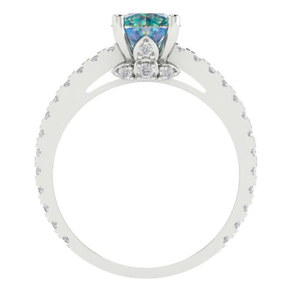 1.465 cttw Blue Moissanite Solitaire with Zirconia Simulated Diamond Accents Engagement Ring - Solid Gold (Round Cut,6.5mm)