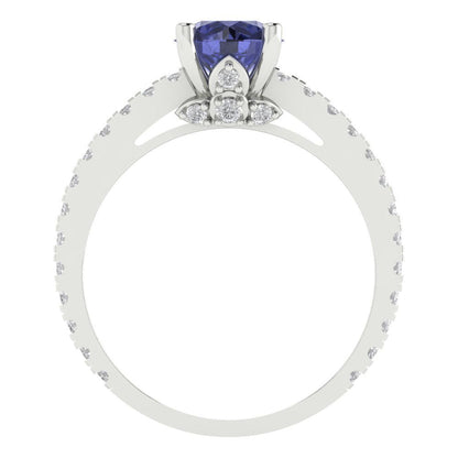1.465 cttw Simulated Tanzanite Solitaire with Zirconia Simulated Diamond Accents Engagement Ring - Solid Gold (Round Cut,6.5mm)