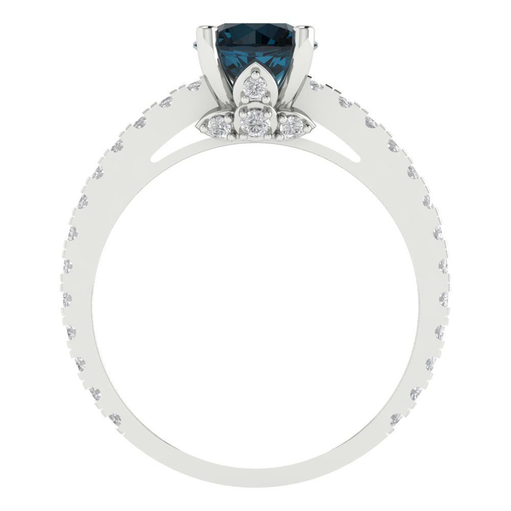 1.465 cttw Natural London Blue Topaz Solitaire with Zirconia Simulated Diamond Accents Engagement Ring - Solid Gold (Round Cut,6.5mm)