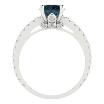 1.465 cttw Natural London Blue Topaz Solitaire with Zirconia Simulated Diamond Accents Engagement Ring - Solid Gold (Round Cut,6.5mm)