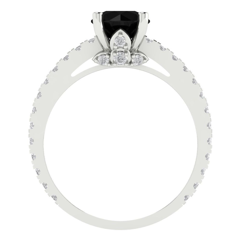 1.465 cttw Natural Onyx Solitaire with Zirconia Simulated Diamond Accents Engagement Ring - Solid White Gold (VVS1, Round Cut,6.5mm)
