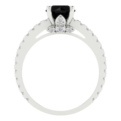 1.465 cttw Natural Onyx Solitaire with Zirconia Simulated Diamond Accents Engagement Ring - Solid White Gold (VVS1, Round Cut,6.5mm)