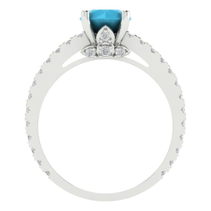 1.465 cttw Simulated Turquoise Solitaire with Zirconia Simulated Diamond Accents Engagement Ring - Solid Gold (Round Cut,6.5mm)